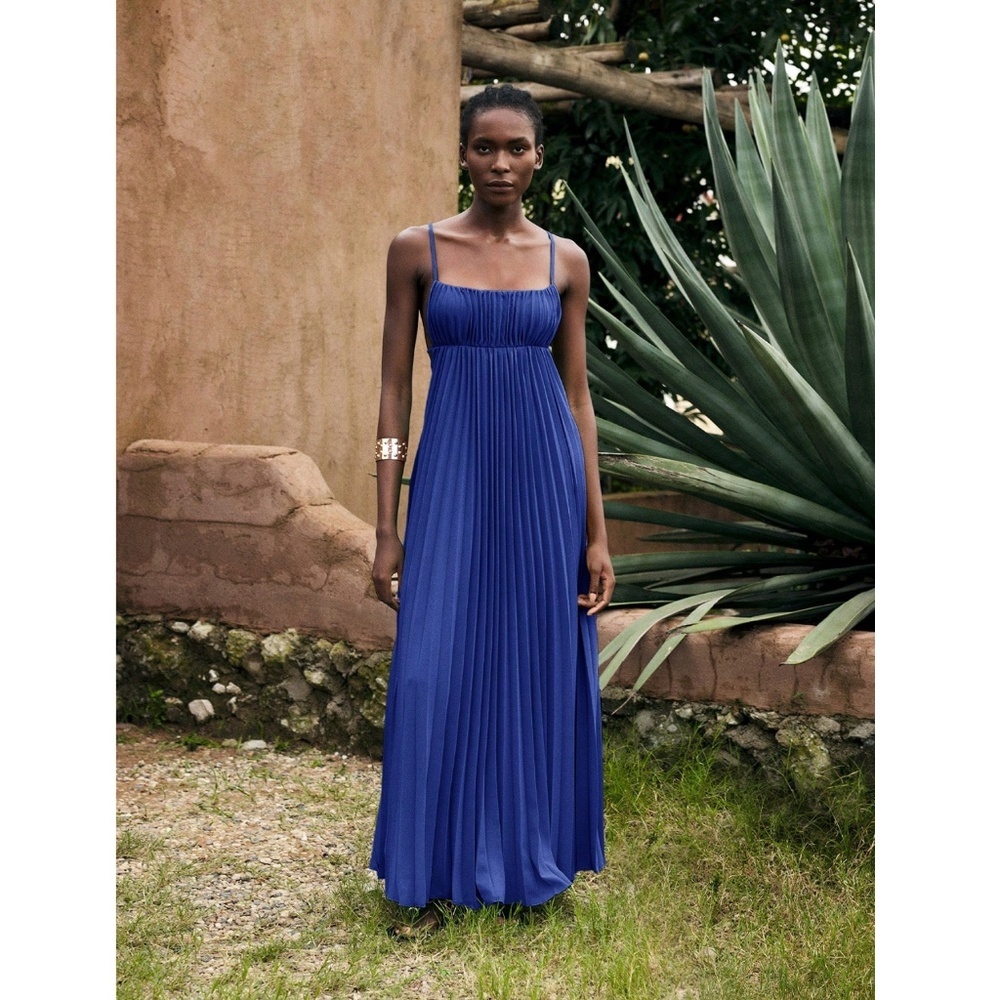 Blue Pleated Maxi Babydoll Dress Open Back Flowy Skirt Tie Straps Lined - Picture 8 of 11